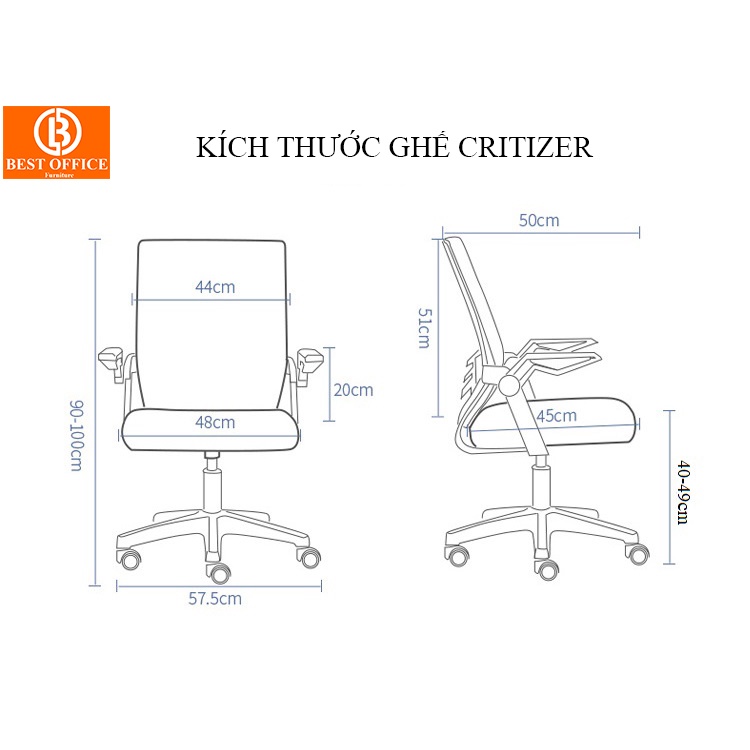 Ghế xoay lưới đa tiện ích Critizer - Tay gập thông minh - Thay đổi chiều cao dễ dàng - Di chuyển đa mặt sàn