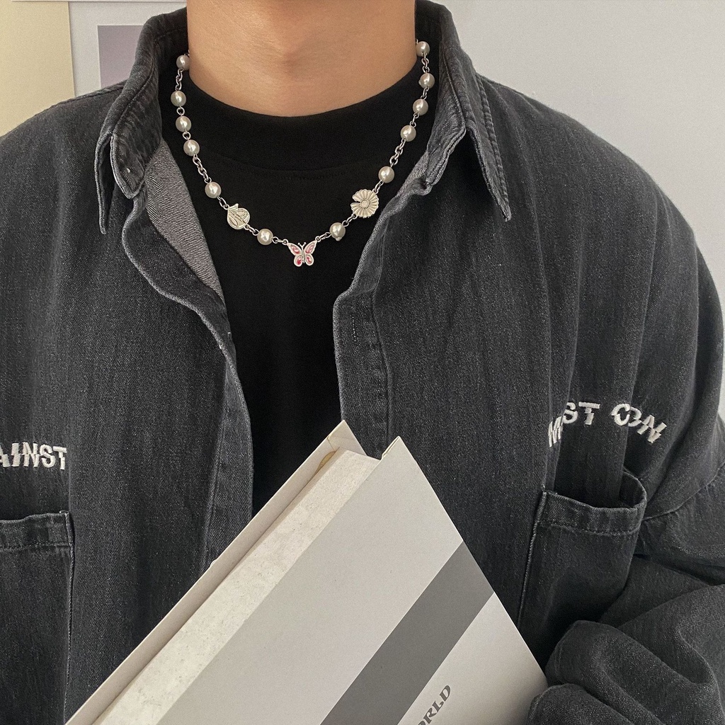 Dây Chuyền Hình Bướm Đính Ngọc Trai Phong Cách Hip Hop 19A1222 Thời Trang