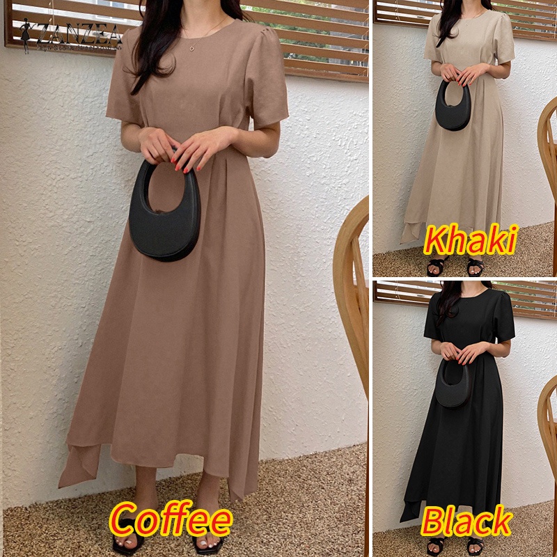 Đầm Chữ A Tay Ngắn Cổ Tròn Màu Trơn Phong Cách Hàn Quốc Thời Trang Cho Nữ