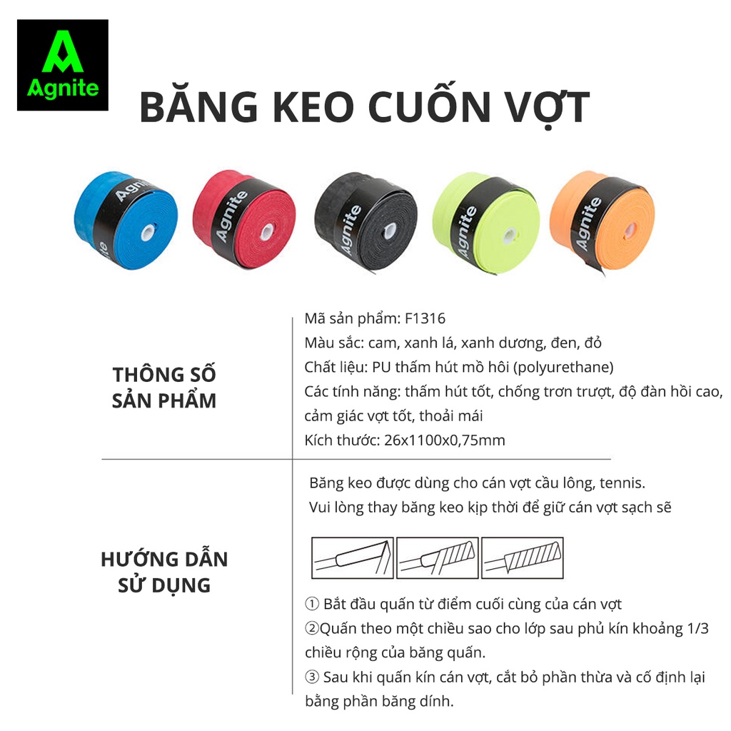 Quấn vợt cầu lông, tennis chính hãng Agnite, chống trơn trượt, thoáng khí chống mồ hôi, ma sát tốt