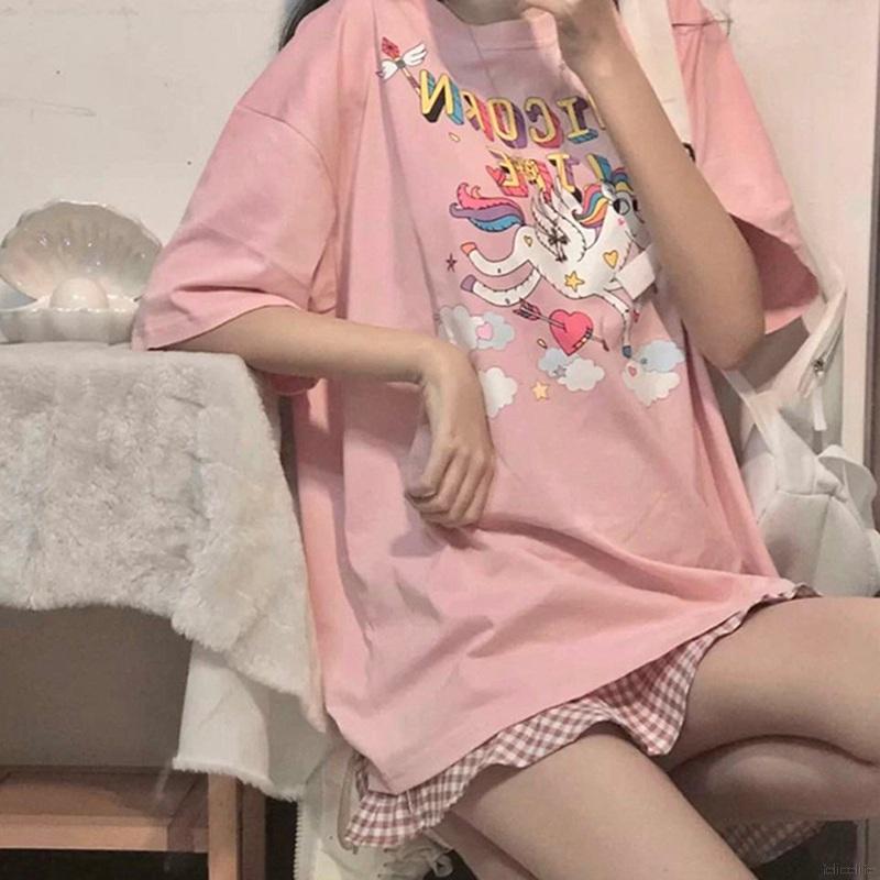 Áo Thun Nữ Ngắn Tay Cổ Tròn In Hình Ngựa Cầu Vồng Đáng Yêu Trẻ Trung