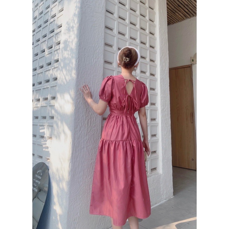 Đầm Midi Nữ Dây Đan Lưng Cộc Tay 🦋 Váy Nữ Cộc Tay Eo Thun 2 Màu 🦋 | BigBuy360 - bigbuy360.vn