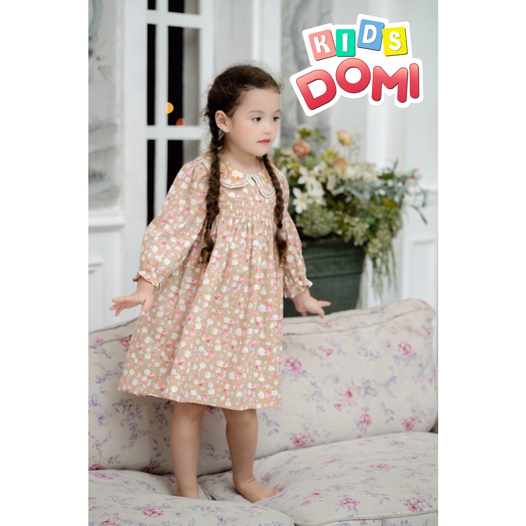 ĐẦM SMOCK DÀI TAY HOA NÂU TÂY XINH XỈU LUÔN Ạ!  SIZE 1-6Y