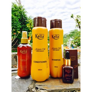 Bộ gội, xả, xịt dưỡng, tinh dầu dưỡng tóc Kella Argan Oil 500ml chăm sóc tóc hư tổn, khô xơ