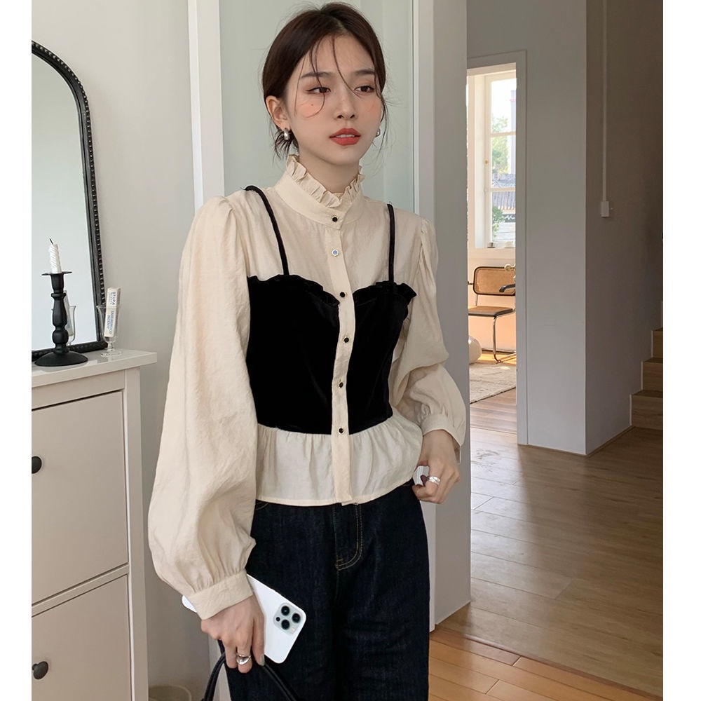 Áo Sơ Mi Tay Phồng Ngắn Cổ Đứng Hai Dây Thời Trang Mùa Xuân Kiểu Retro