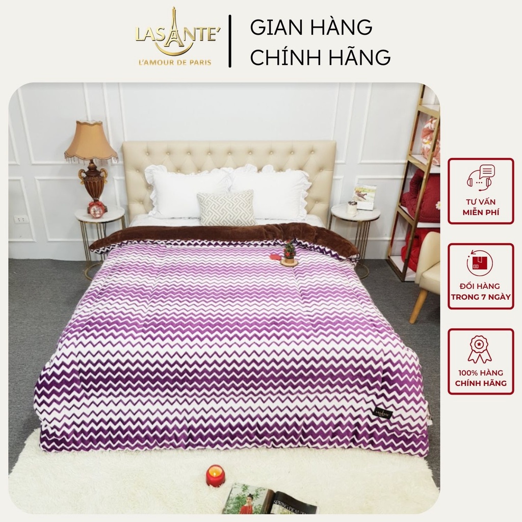 Chăn mền lông cừu cao cấp Lasante' phong cách Pháp 2 mặt nhiều màu 3 lớp dày dặn mềm mịn siêu rộng 2.1x2.4m