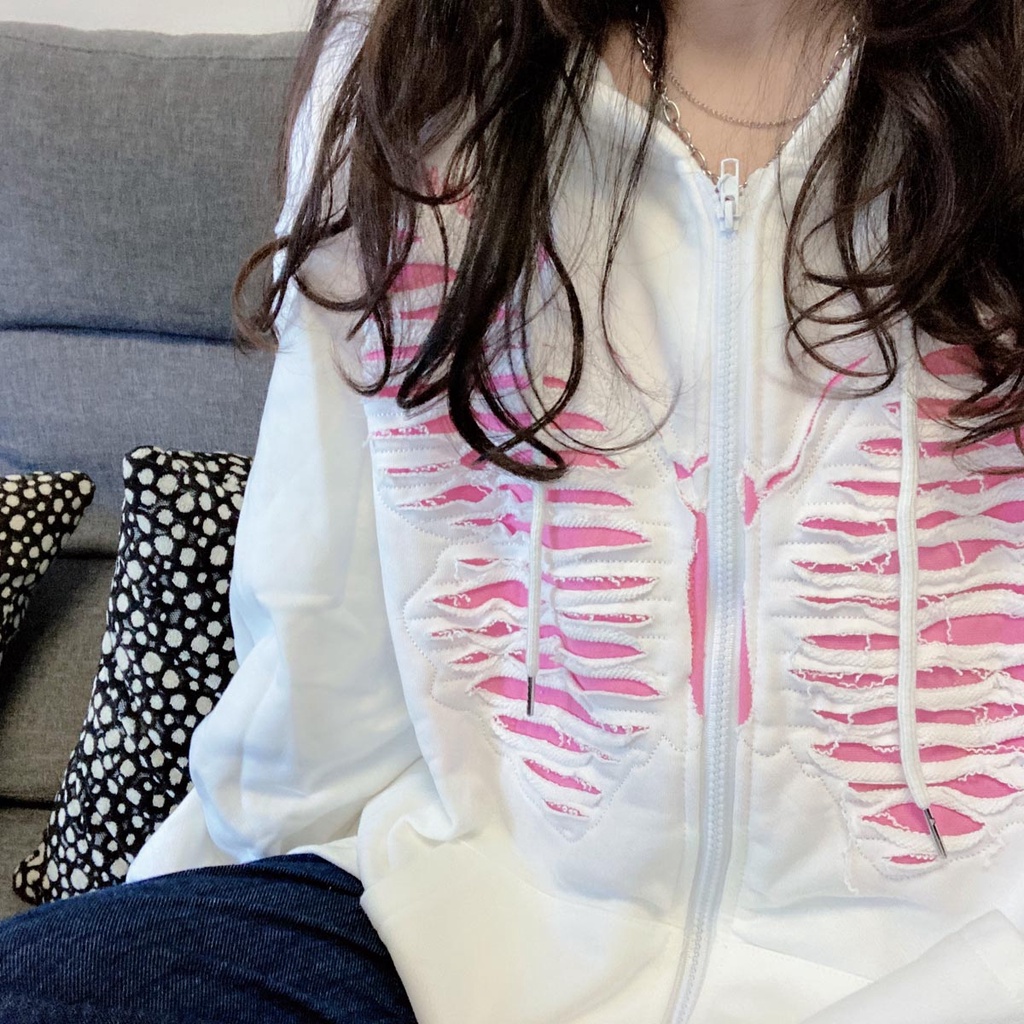 【ZHELIHANGFEI】Áo Hoodie Tay Dài Form Rộng Thiết Kế Xẻ Rách Phong Cách Preppy Mỹ