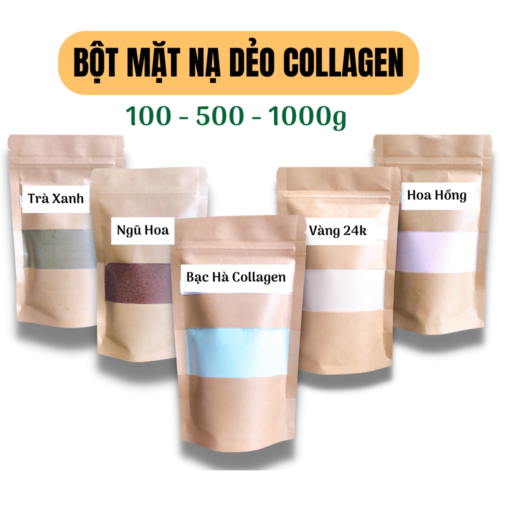 Bột Mặt Nạ Dẻo Vàng 24K, Bạc Hà, Hoa Hồng Collagen, Trà Xanh, Ngũ Hoa 100g/500g