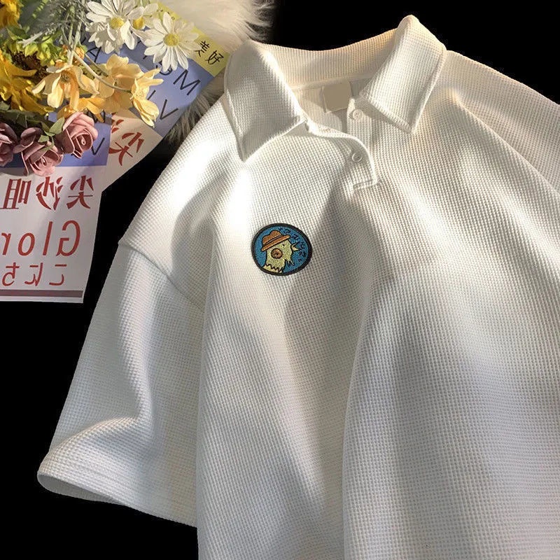 Áo Thun Tay Ngắn Cổ Polo Dáng Rộng Phong Cách Retro Nhật Bản Cá Tính Cho Nam