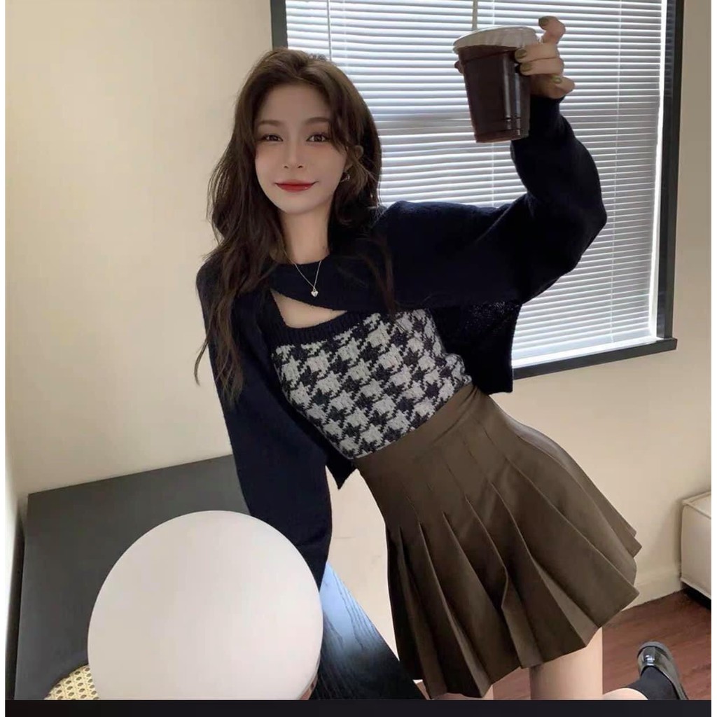 [Ảnh thật] Set áo croptop len mịn tay bồng mix áo 2 dây bản to họa tiết răng sói ulzzang