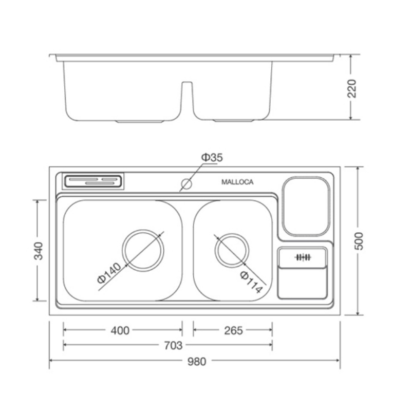Chậu Rửa Chén Malloca MS 8809 - Inox 304 - Ngang 98cm
