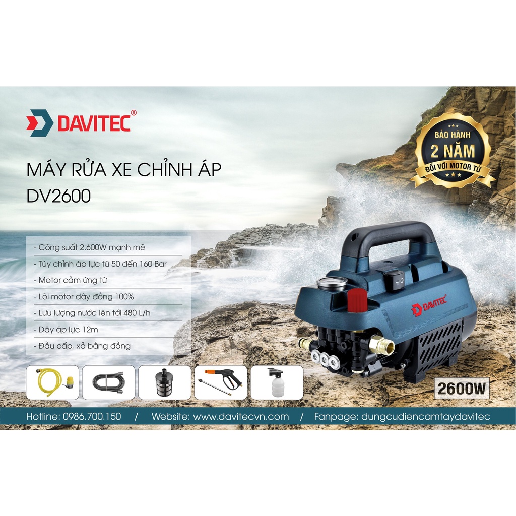 Máy rửa xe áp lực cao có chỉnh áp DAVITEC DV2600, công suất 2600W, motor cảm ứng từ dây đồng 100%