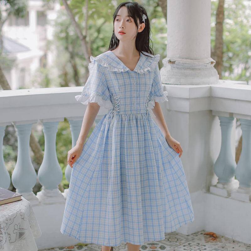 Đầm tay ngắn cổ búp bê họa tiết sọc caro màu xanh dương phong cách Hàn Quốc dễ thương cho nữ size S-2XL