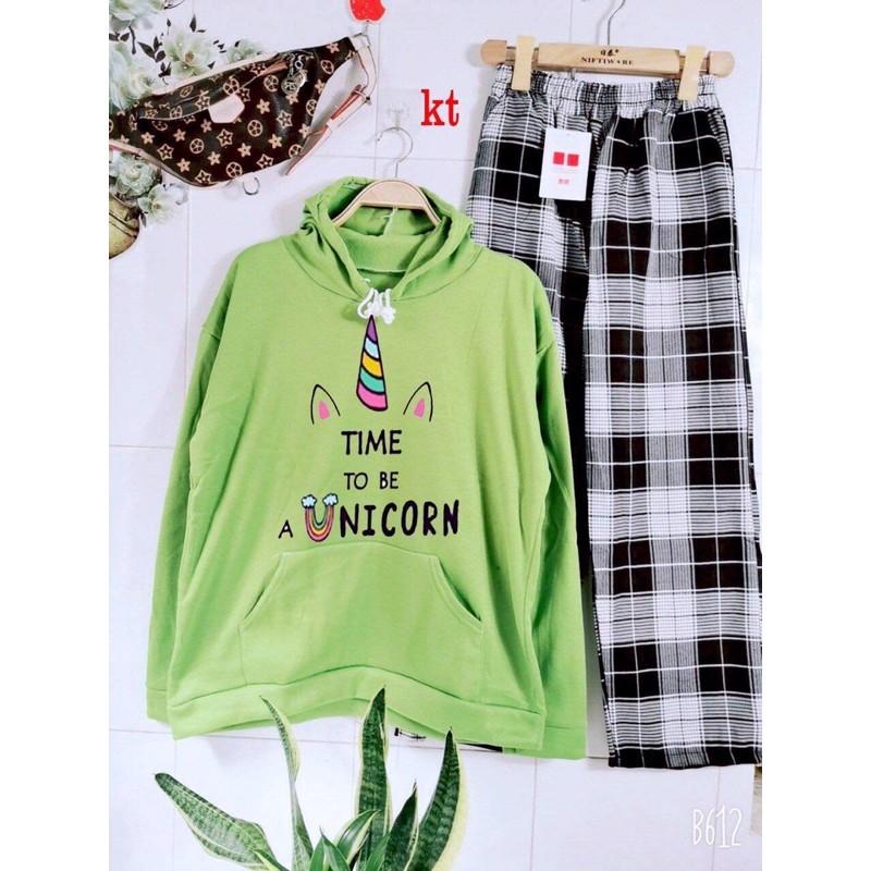 set bộ áo hoodie nỉ bông + quần kẻ ống suông rộng, bộ áo hodie unicorn quần kẻ caro ô vuông