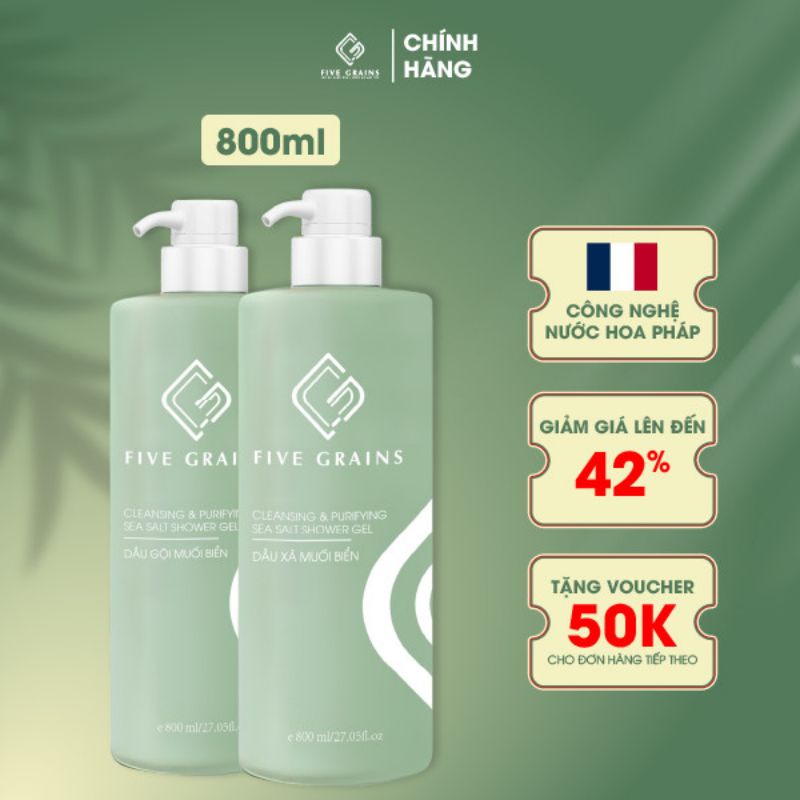 Combo dầu gội, dầu xả nước hoa muối biển Five Grains 800ml