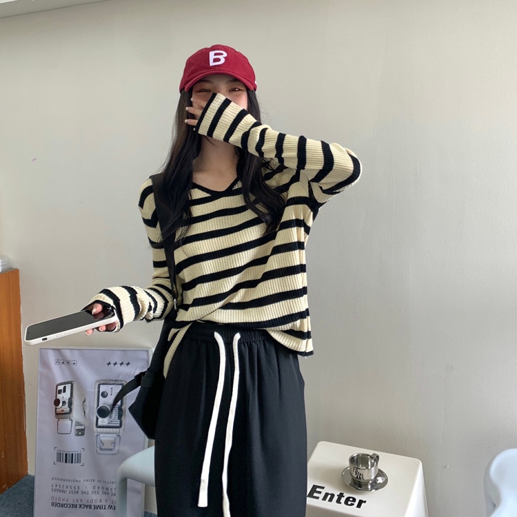 Áo len ZHELIHANGFEI tay dài cổ chữ V dáng rộng họa tiết kẻ sọc phong cách thời trang