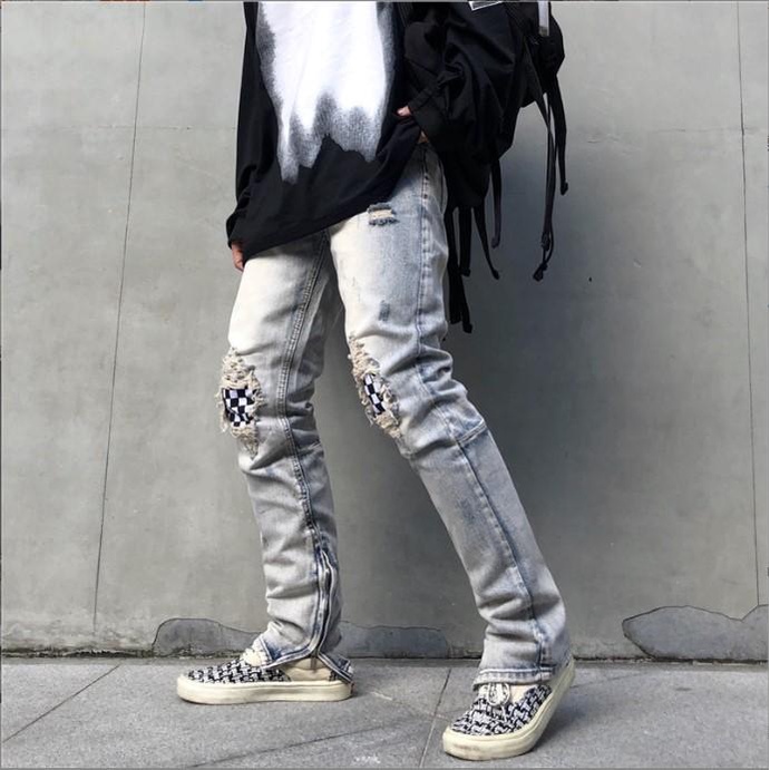 [sale xả kho] Quần jean ống suông nam khóa zip ống rách gối màu xanh bạc nhạt đẹp mới hà nội hcm 8041 Pon.mens
