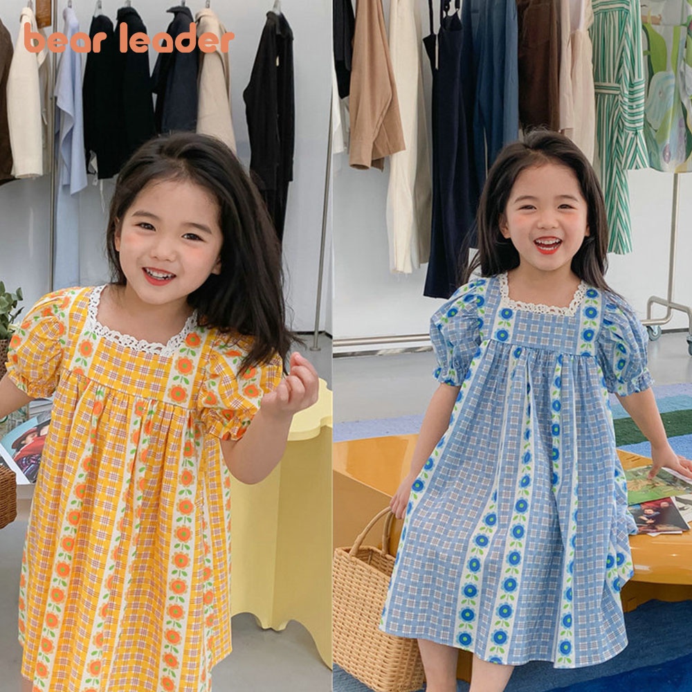 Đầm công chúa BEAR LEADER AZ2763 cổ vuông phối ren kẻ sọc in hoa thời trang hè năm 2022 cho bé gái
