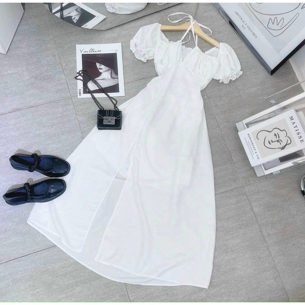 Đầm váy nữ trễ vai cổ giả yếm xếp ly ngực ôm eo xẻ tà hở lưng chất liệu lụa thời trang nữ năng động trẻ trung