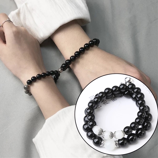 Set 2 Vòng Tay Chuỗi Hạt Đá Obsidian Thời Trang Cho Cặp Đôi