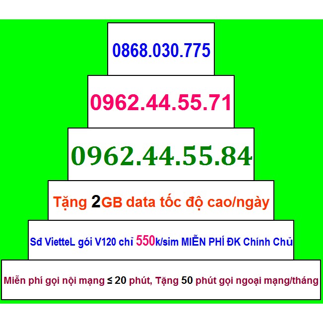 Sim Đẹp Viettel GIÁ 550k GÓI khủng V120 Miễn phí GỌI + Data tốc độ cao - HỖ TRỢ ĐĂNG KÝ CHÍNH CHỦ ( xem chi tiết Sp)