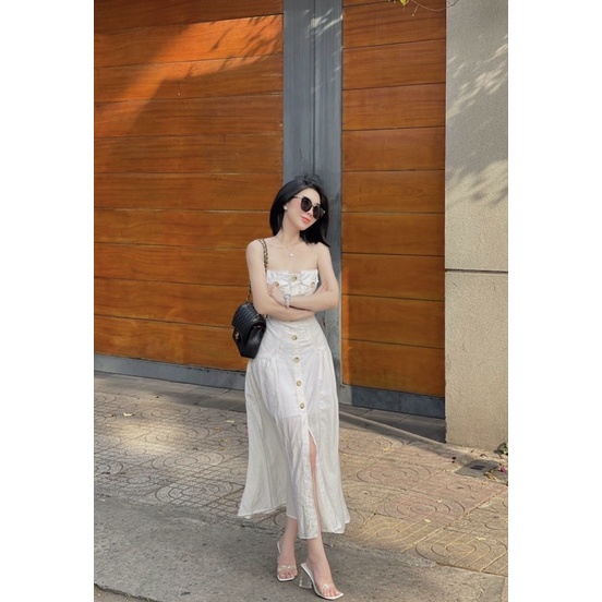 Đầm maxi dây chiết eo dáng xoè