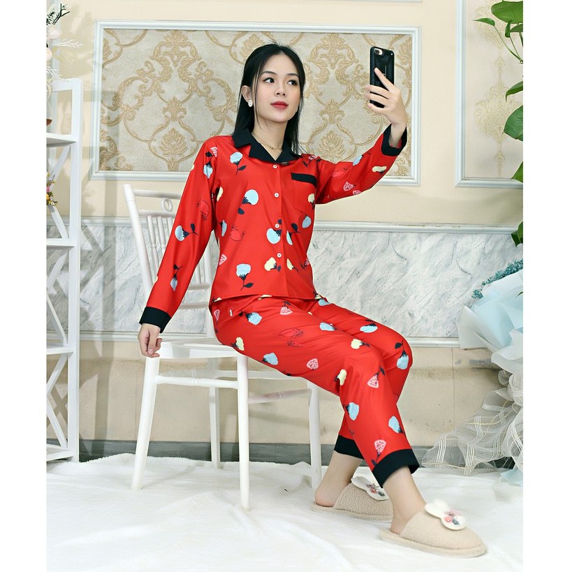 Bộ đồ Pijama nữ dài họa tiết NỀN ĐỎ PHA CỔ ĐEN - vải siêu lụa cao cấp - Cực Kì Sang Chảnh