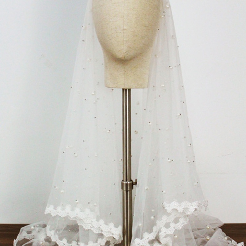 Mạng Che Mặt Vải Tuyn Hai Lớp Viền Ren Đính Hạt Trang Trí Dành Cho Cô Dâu