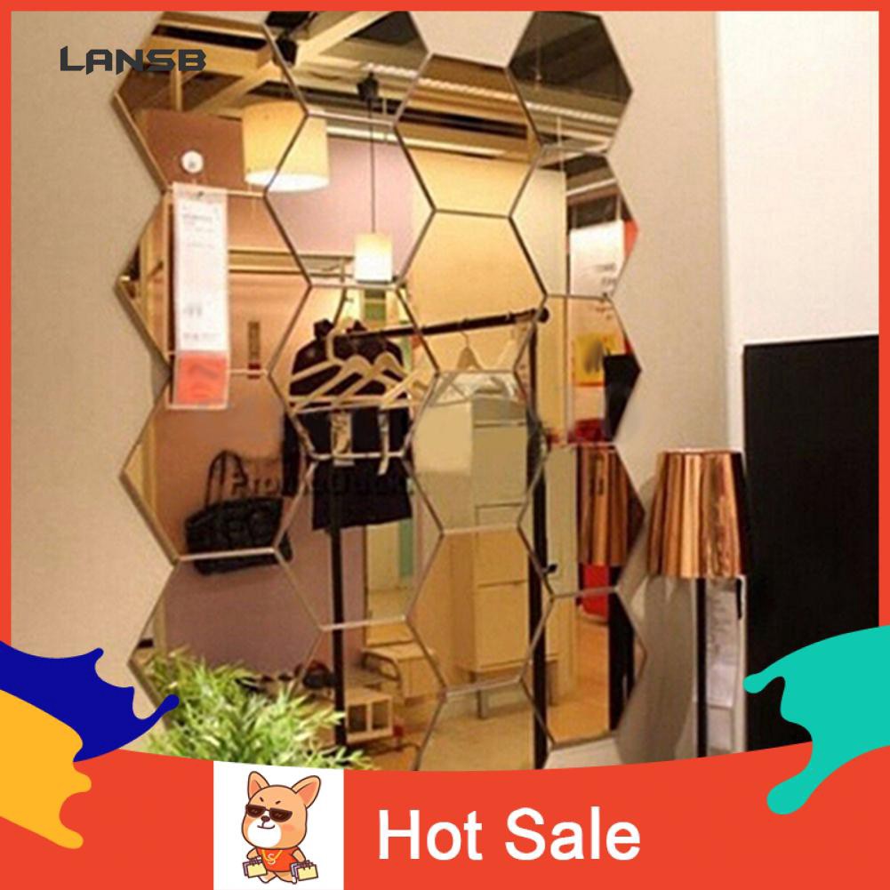 Bộ 12 miếng dán tường mặt gương hình lục giác trang trí nội thất bằng acrylic