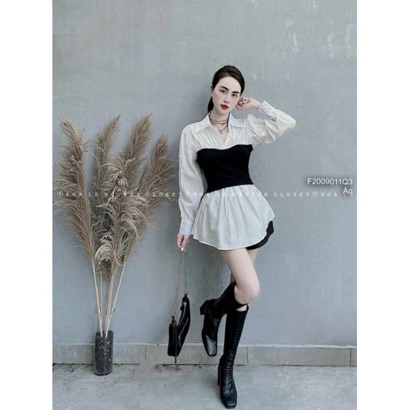 Áo sơ mi trắng phối quây đen cúp ngực form rộng tay dài!S0KFreesize dưới 60kg