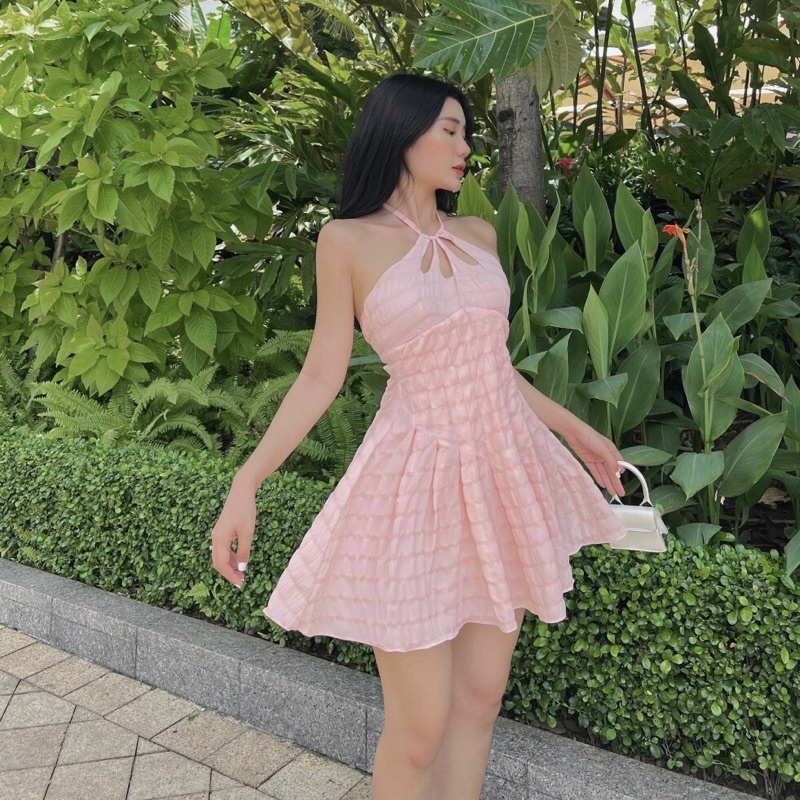 Váy cổ yếm dáng baby doll xoè chít eo 2 lớp Đầm kiểu