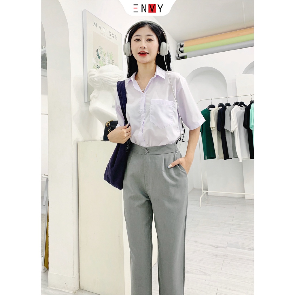 Áo sơ mi nữ tay ngắn có túi ENVY SO04 màu trắng form rộng style học sinh, sinh viên