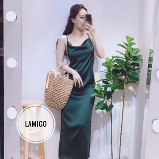 Váy maxi lụa satin 2 dây cổ đổ 5 màu