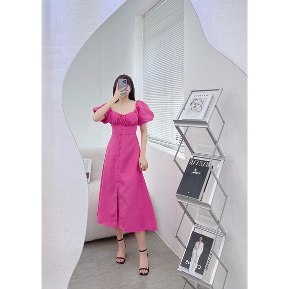 ĐẦM MAXI HỒNG TAY PHỒNG XẾP LY NGỰC PHỐI NÚT BỌC