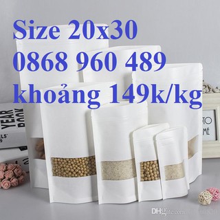 [Trắng] - 20x30 -  50 túi zipper giấy Kraft trắng chất lượng cao, có cửa sổ, đáy đứng, chống nước