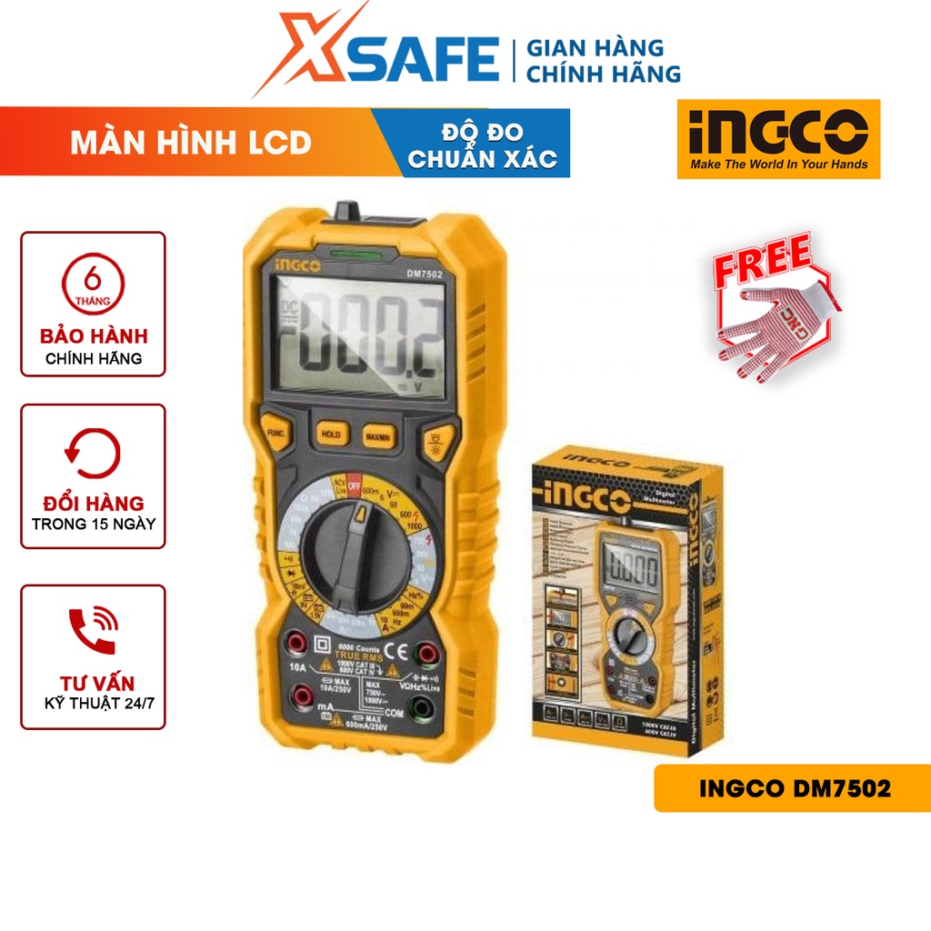 Đồng hồ vạn năng kỹ thuật số INGCO DM7502 màn hình LCD, số đếm 6000 - chính hãng