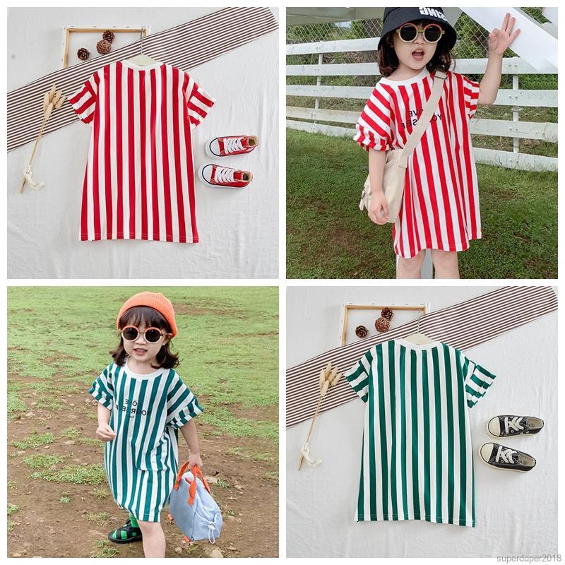 Summer Casual Baby Girls Striped Printing Short Sleeve Shirt Dress