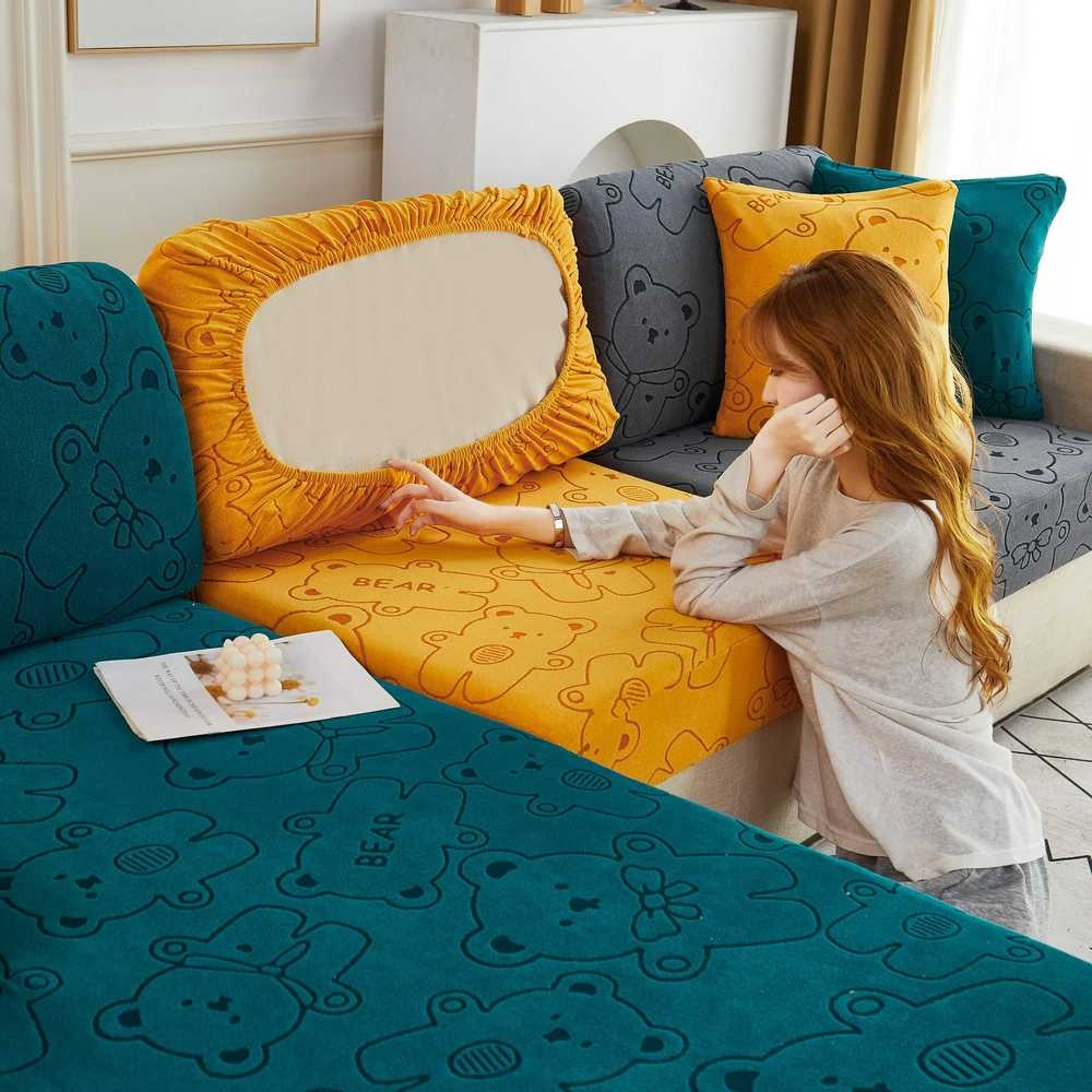 Vỏ Bọc Đệm Ghế Sofa 2022 Vải Jacquard Dày Co Giãn Hình Gấu Hoạt Hình Trang Trí Phòng Khách Nhà Cửa