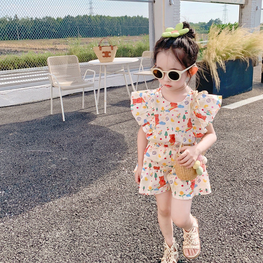Set Đồ Mùa Hè 5 Món Gồm Áo Tay Cộc Và Quần Ngắn In Họa Tiết Hoa Phong Cách Hàn Quốc Cho Bé Gái