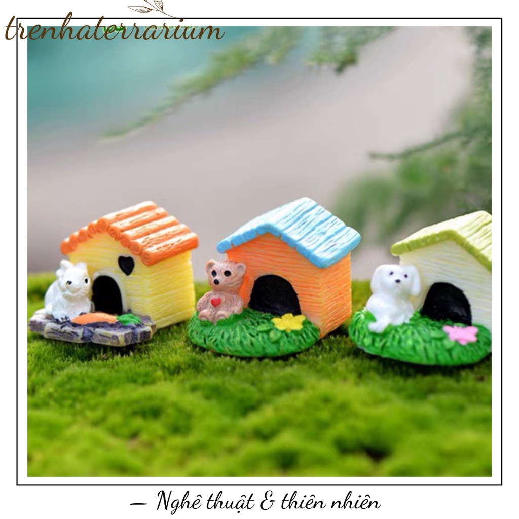 Tiểu cảnh căn nhà chó cưng  trang trí sen đá, xương rồng, terrarium, charm slime, cây cảnh mini, cây đểcưn