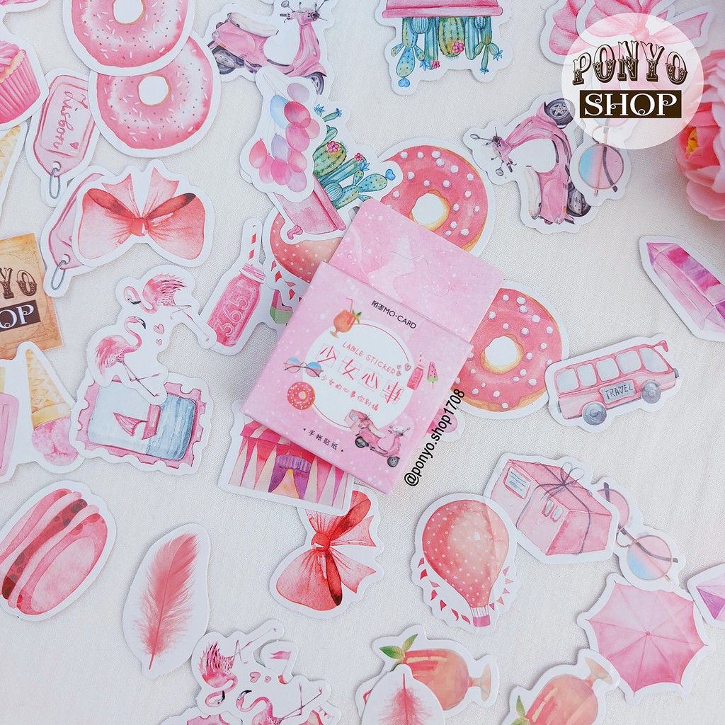 Hộp 46 sticker nhãn dán Pink Travel Diary trang trí Scrapbook