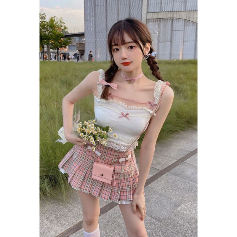 Áo yếm ren len ngọt ngào thắt nơ lolita xinh xắn có ảnh thật