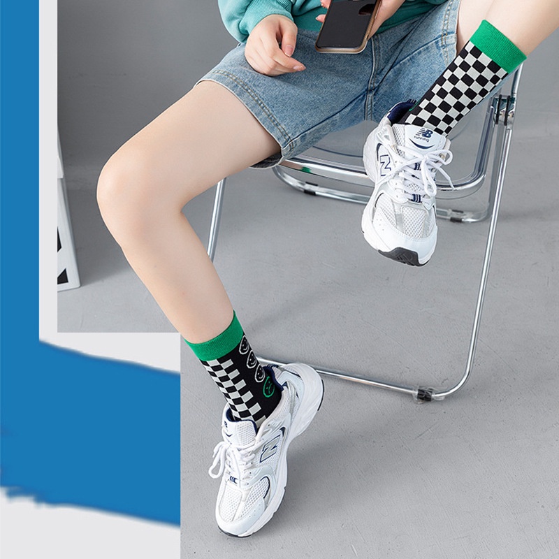 Tất vớ cao cổ họa tiết kẻ trắng, xanh, mặt cười cho nam nữ