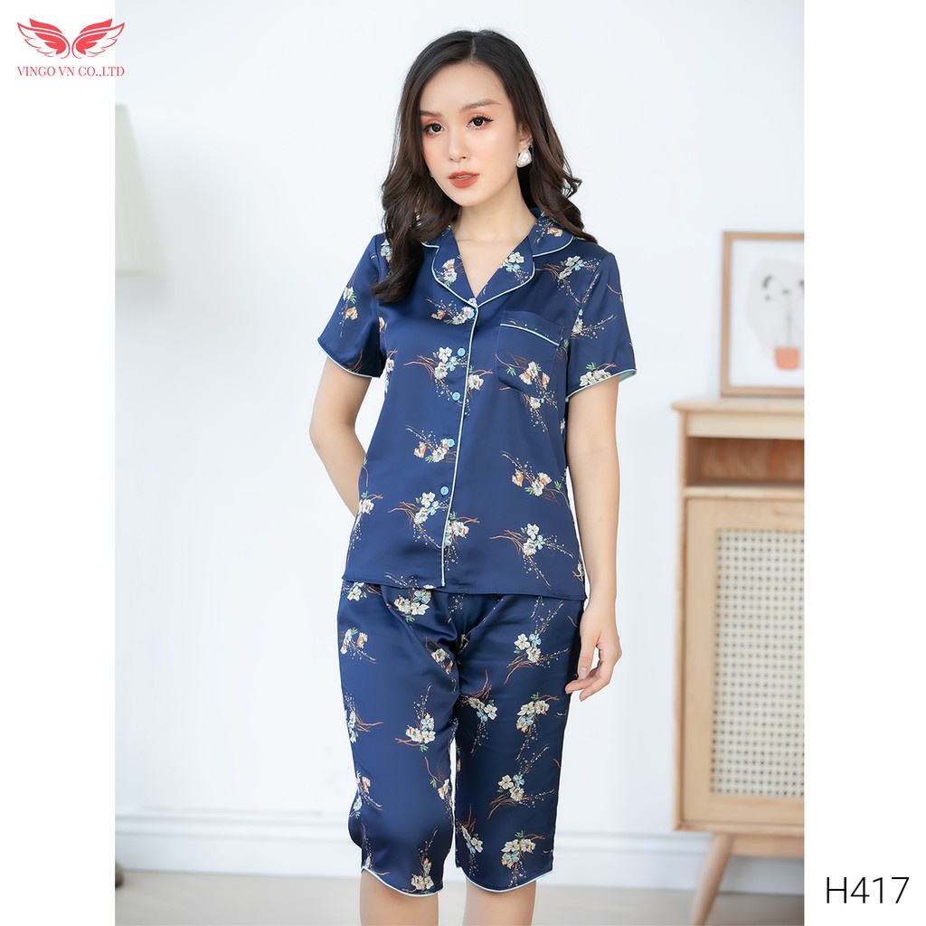 Đồ bộ nữ pijama lụa Pháp mềm mát mặc nhà mùa Hè VINGO tay cộc quần lửng họa tiết cành hoa nền xanh nhã nhặn H417 VNGO