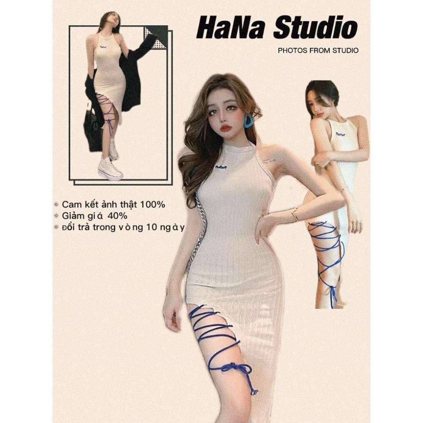 Váy Body Xẻ Tà Đan Dây Dáng Dài Cổ Yếm Thắt Dây Chất Thun Len Co Giãn Hàng Quảng Châu