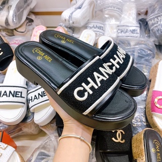 dép chan.el đế xuồng thêu cực đẹp ( ảnh thật )( CN thêu đế cao 4cm)