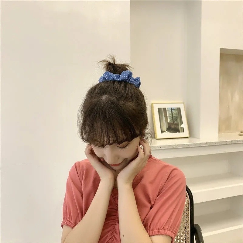 Thun cột tóc co giãn màu xanh lam hoa văn chấm bi/hoa cỏ thời trang