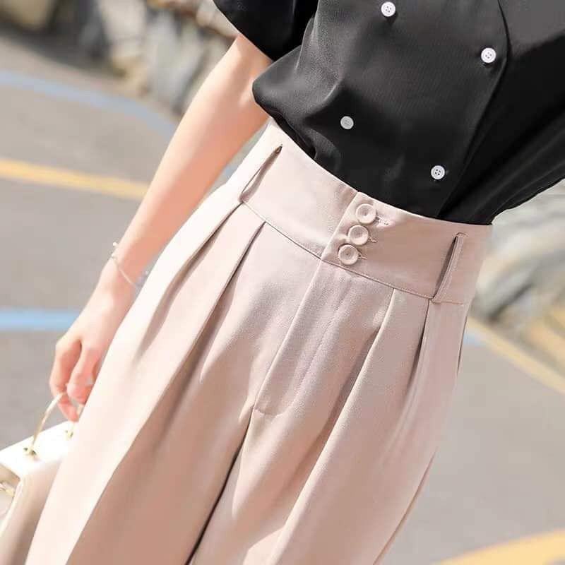 Quần Baggy nữ lưng cao ống đứng cạp cao Phối 3 cúc chất Vải tuyết mưa mềm Màu Đen kem Dài - Vảy Vitex Mặc đi làm công sở