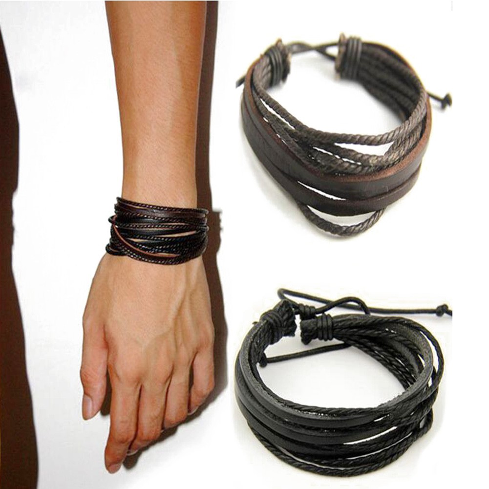 Thời trang thông thường ba dây da bằng tay nhiều lớp vòng đeo tay bằng da của nam giới
