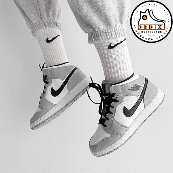 Giày thể thao jordan cổ cao xám trắng, Giày sneaker jodan xám cao cổ móc đen smoke grey nam nữ cao cấp